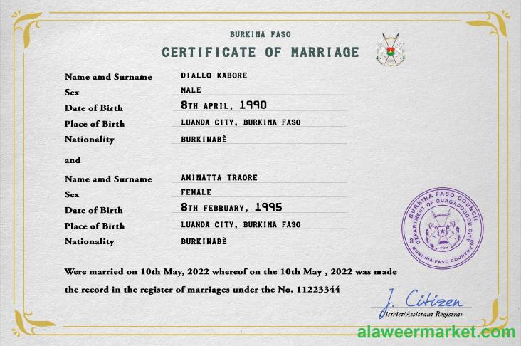 Burkina Faso marriage certificate PSD template